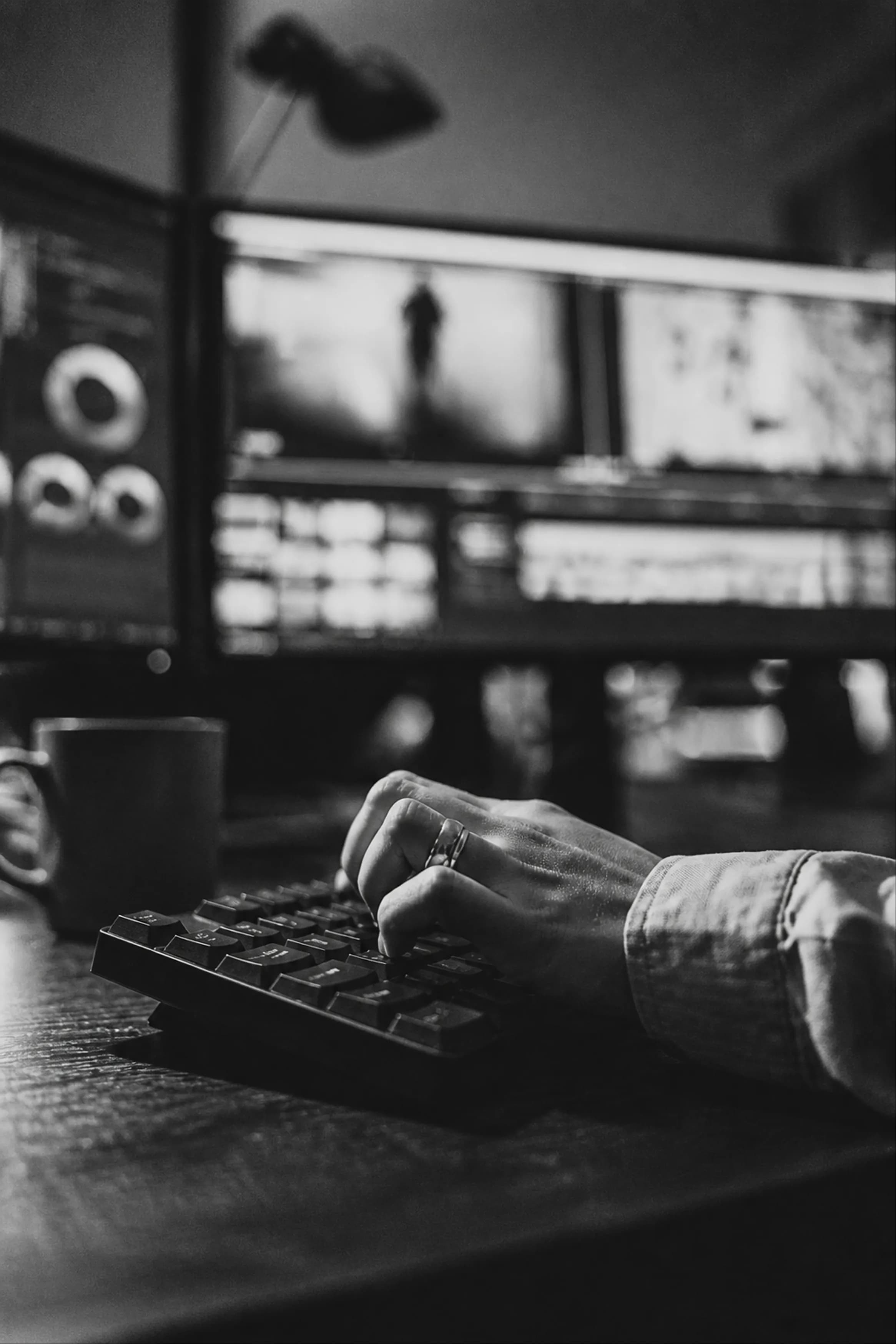 A BYTEHERO editor at the keyboard, cutting a series on a multi-monitor bay